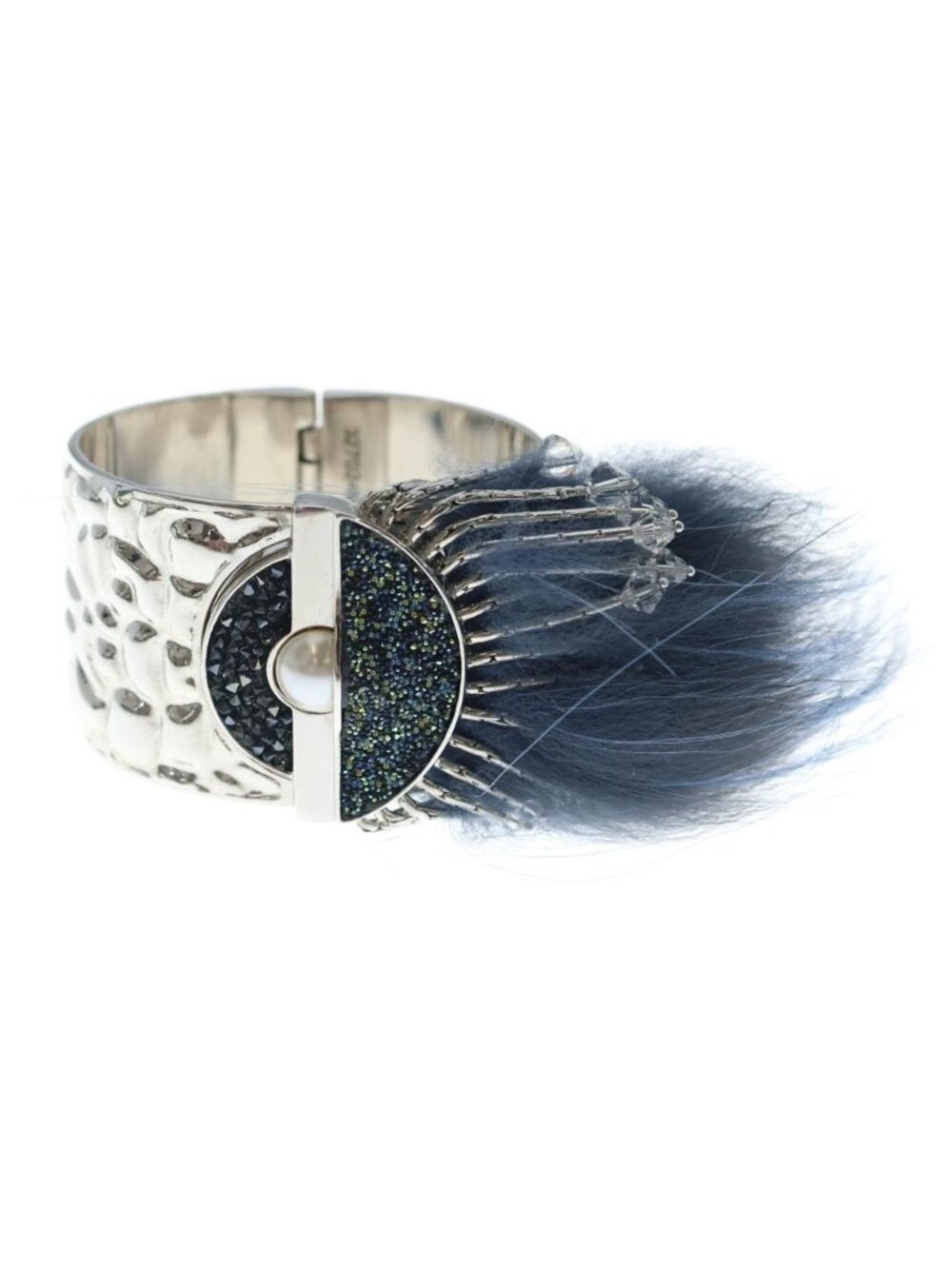 Fendi Peacock Eye Bijou Decorative Fur Pearl Bangle Bracelet Silver